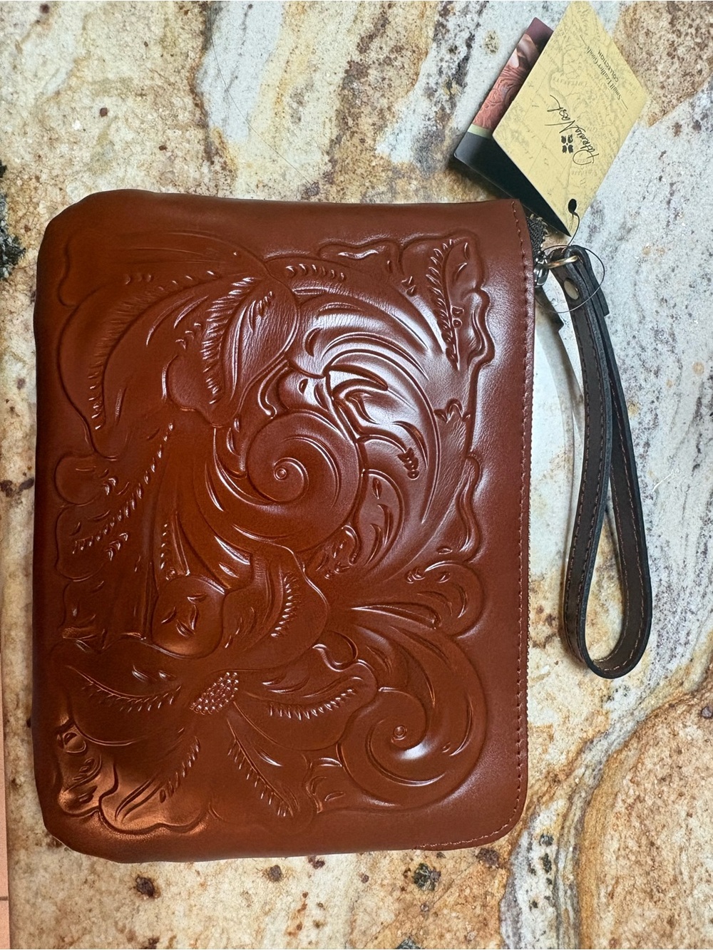 Patricia Nash Embossed Brown Leather Wristlet Clutch